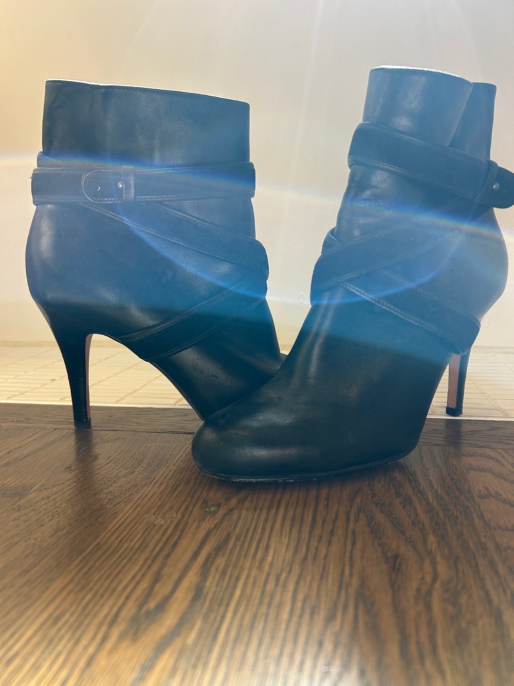 Nike Black Leather Heeled Ankle Boots with Wrap Straps